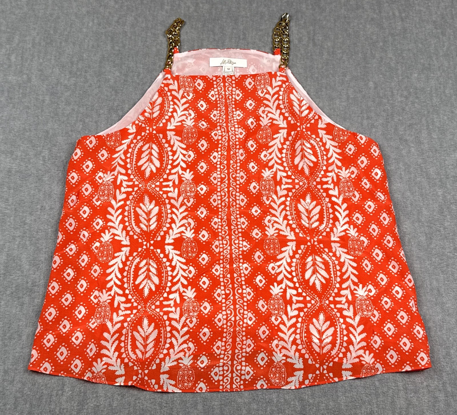 Lilly Pulitzer Cami Top Womens 12 Orange Flamingo Feather Pineapple Halter Silk