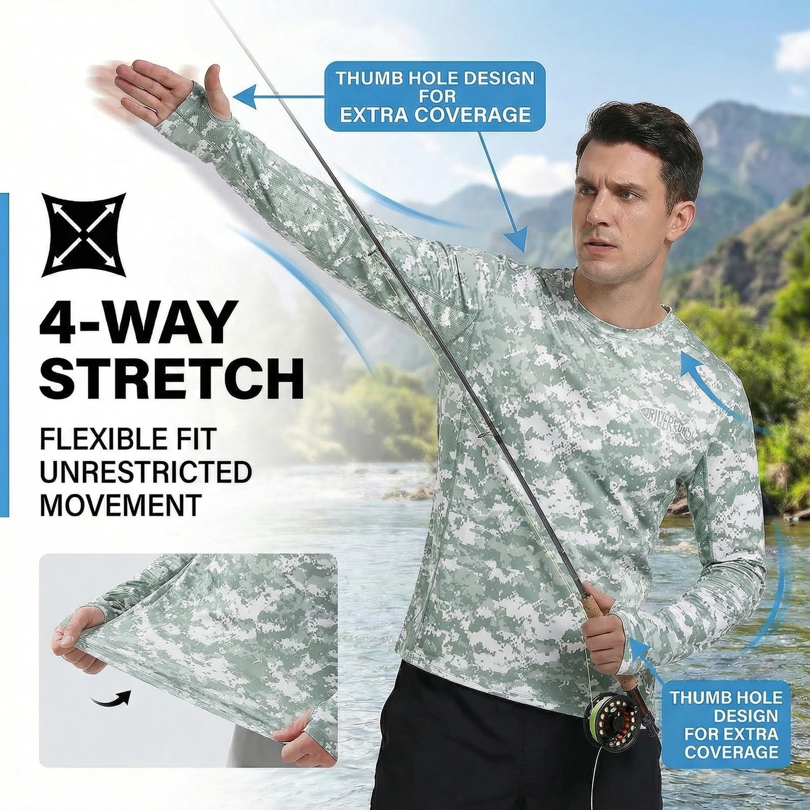 UPF 50+ Fishing Shirt for Men, Quick Dry Long Sleeve Rash Guard with Mesh Panels