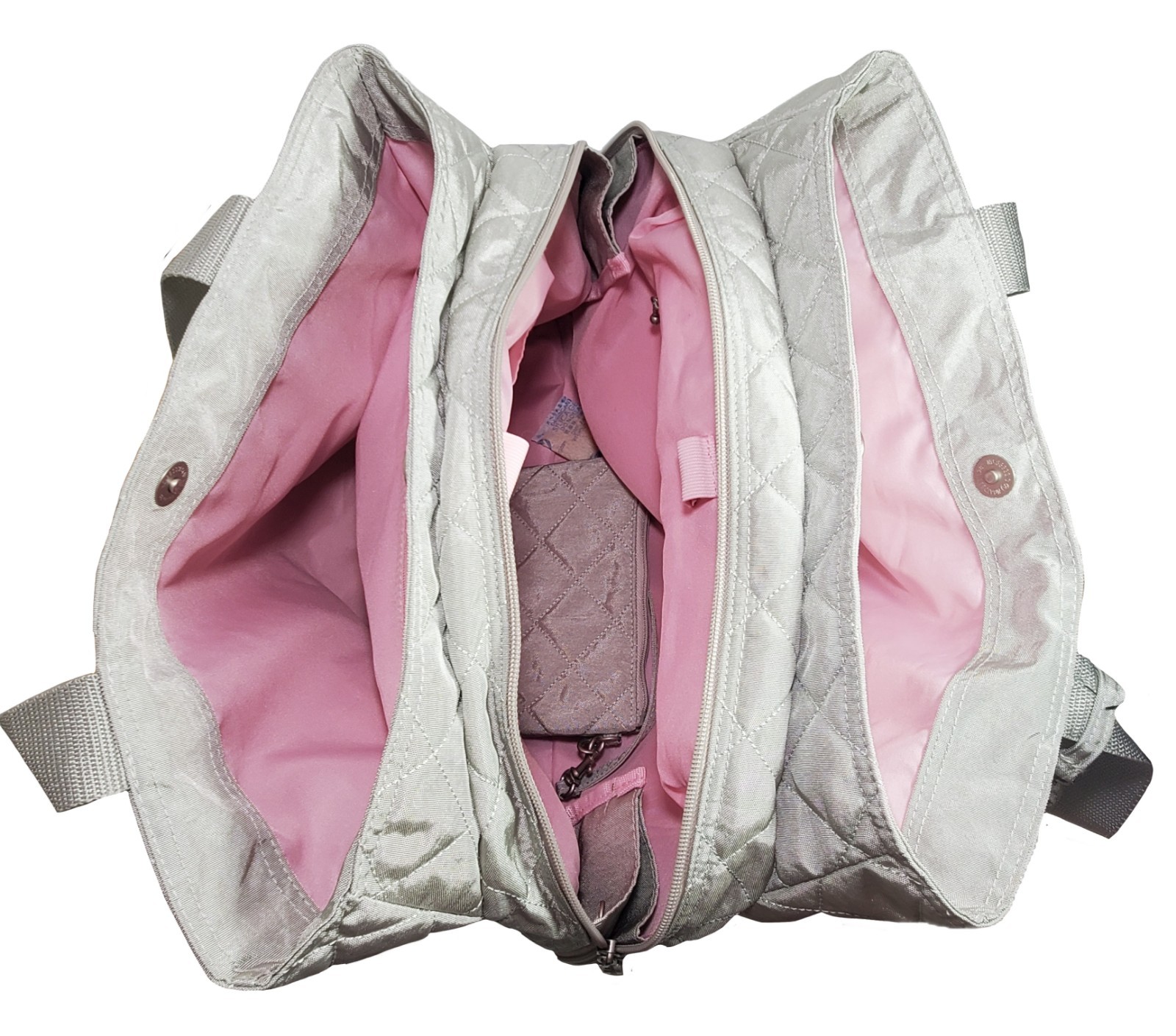 Baggallini Large Quilted Silver & Pink 3 Compartments Tote Travel Bag Purse New