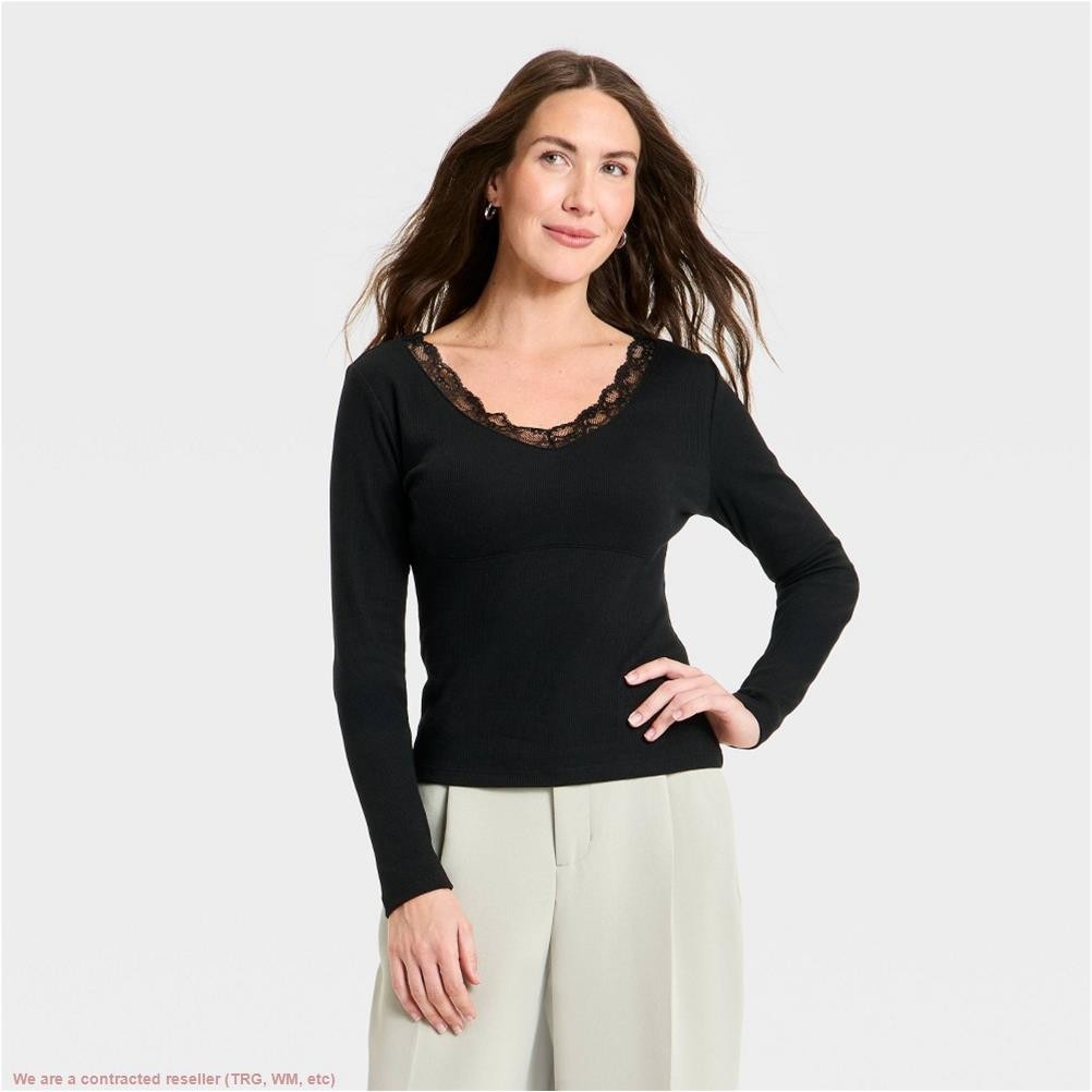 Women’s Lace Trim V-Neck Ribbed Top – A New Day Black L *SEE DEAL!!!*