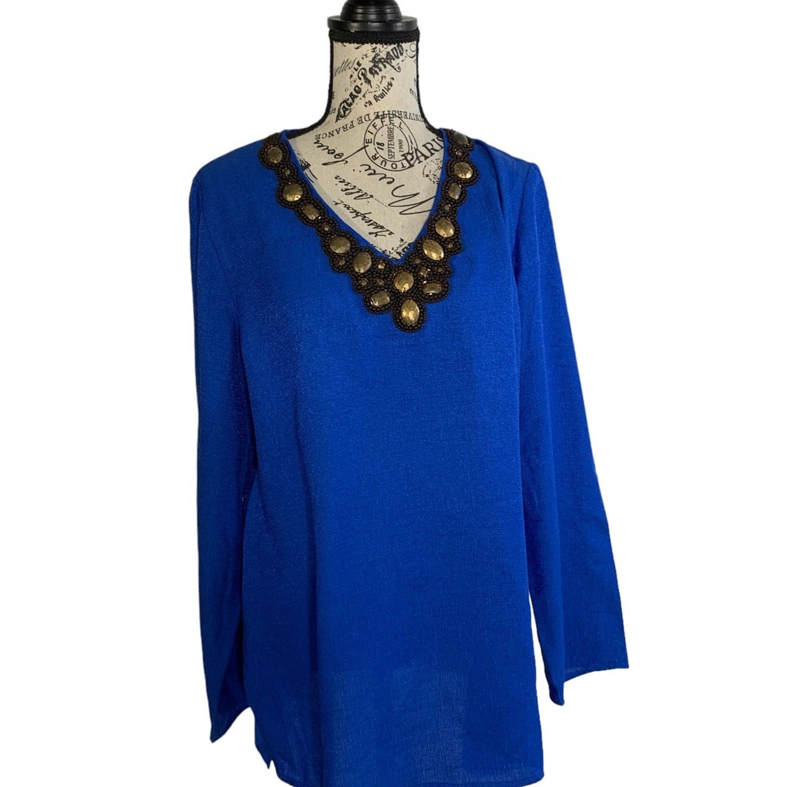Jones New York Tunic Top Women’s Large Beaded V-Neck Trim Fresh Blue NEW