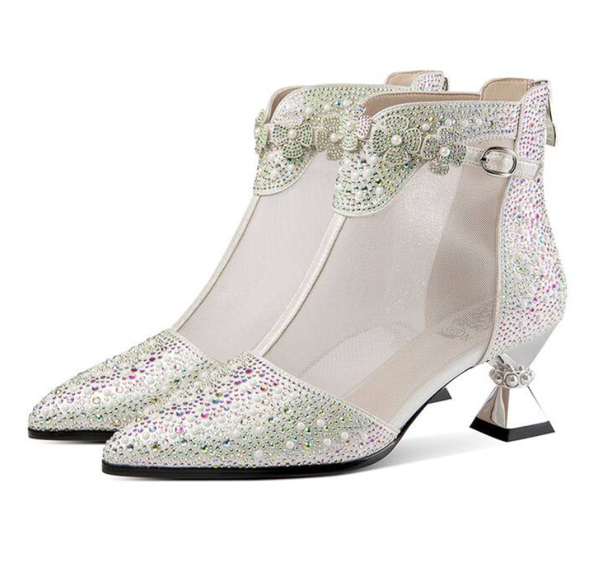 Pearls Women’s Poined Toe Mesh Rhinestone Real Leather Sandals Kitten Heels Sexy