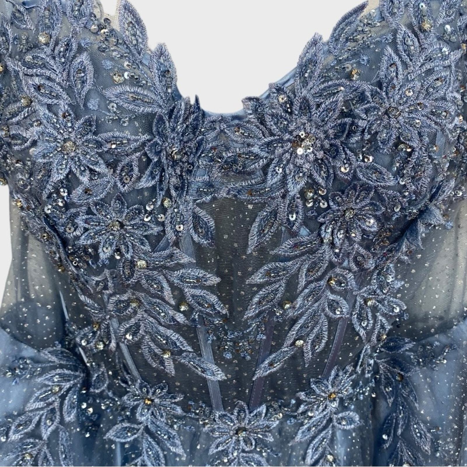 Ladivine by Cinderella Divine Smoky Blue Sheer Bodice Floral A-line Dress NWT 3X