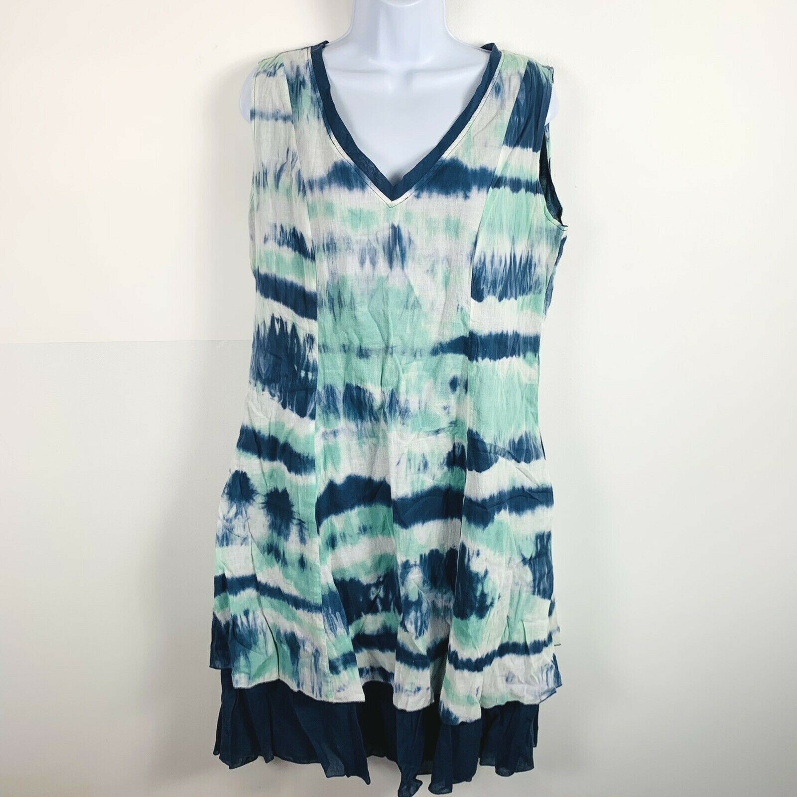 Bianco Levrin Dress sz M Green Blue Abstract Fit & Flare Resort Wear Chic NEW
