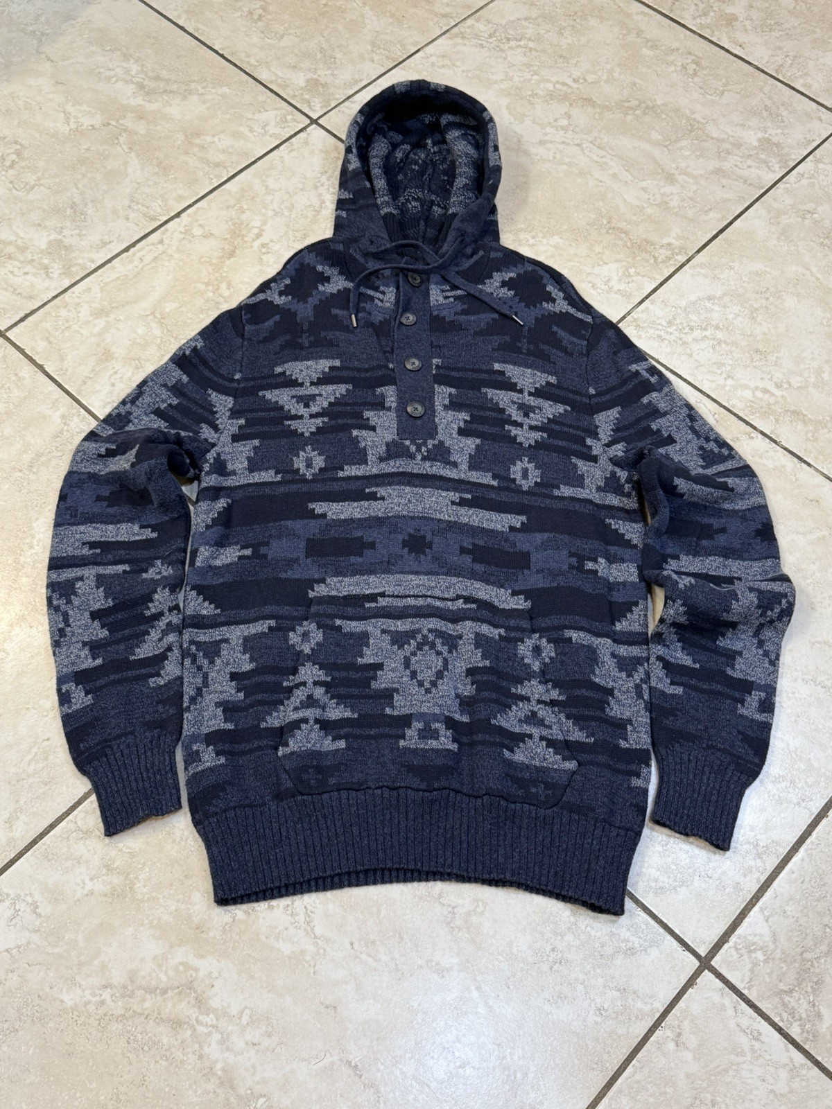 American Eagle Hooded Pullover Sweater Southwestern Blue/Gray Mens Medium