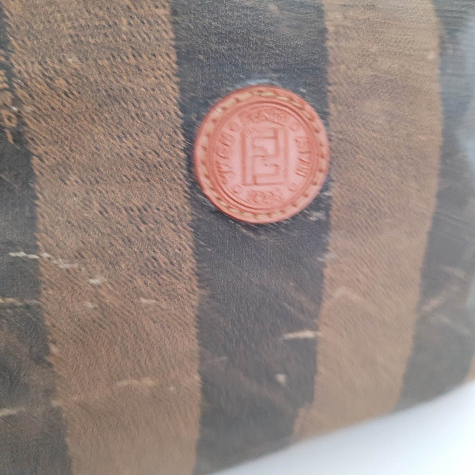Vintage Fendi Pequin Stripe Vanity Bag Brown Black Coated Canvas Handbag FF Logo