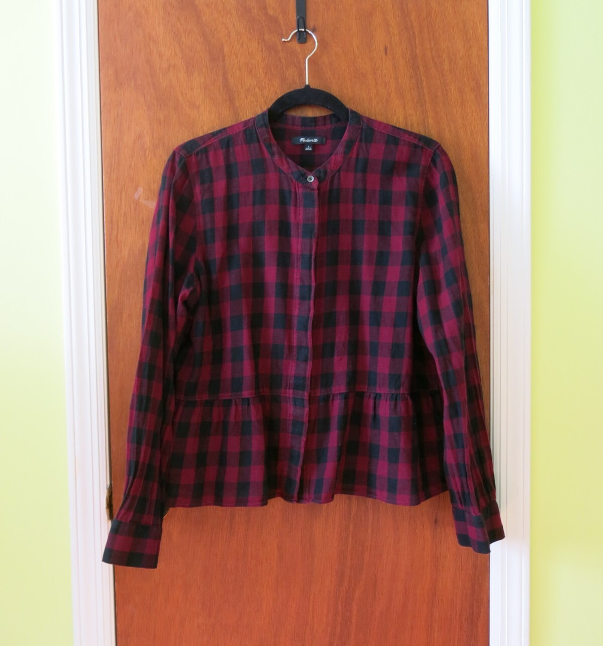 Madewell Lakeside Peplum blouse red/black buffalo check button-down top Large