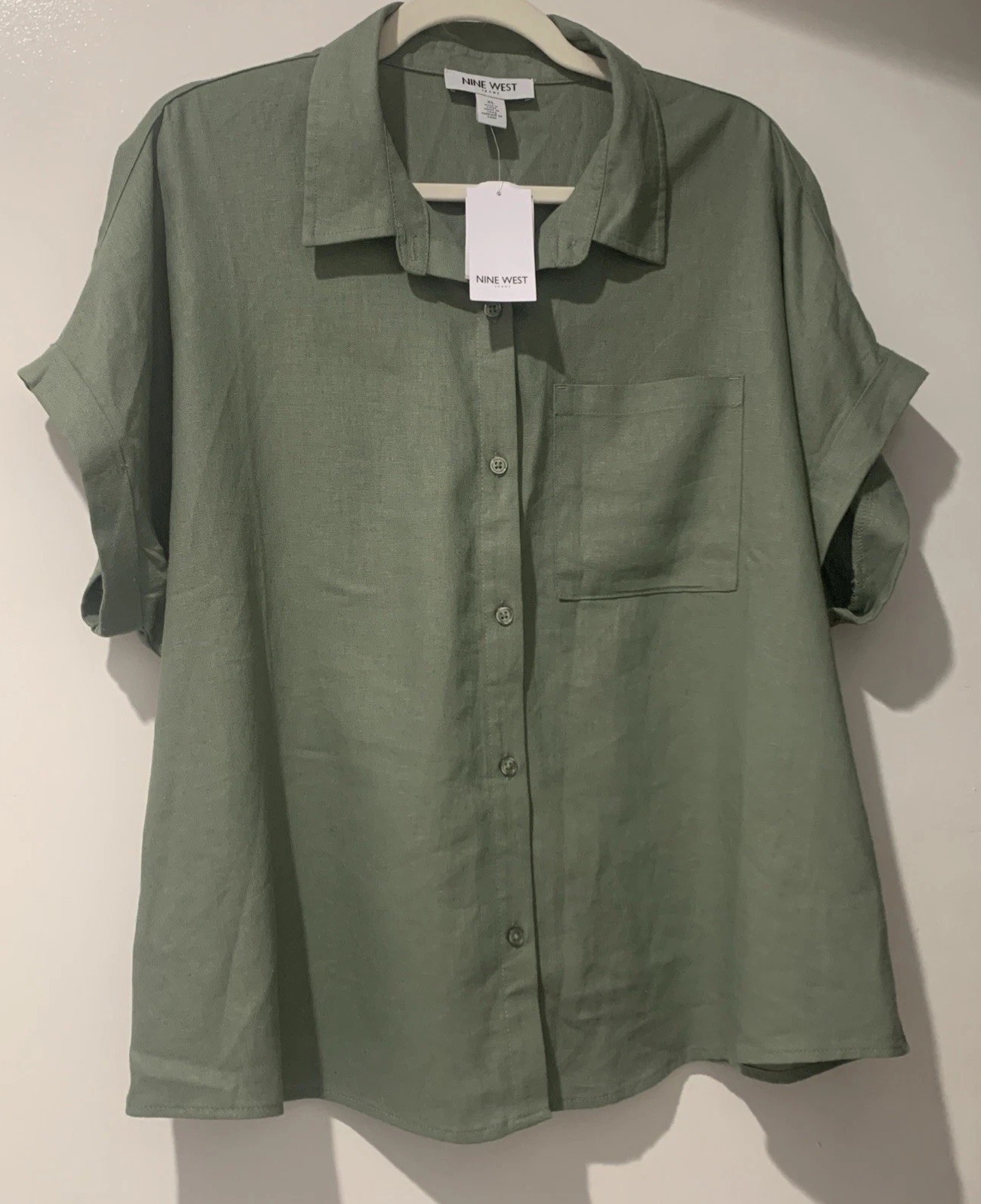 NWT Nine West XL Sea Spray (sage Green) Linen SS PKT Shirt Extra Button Included