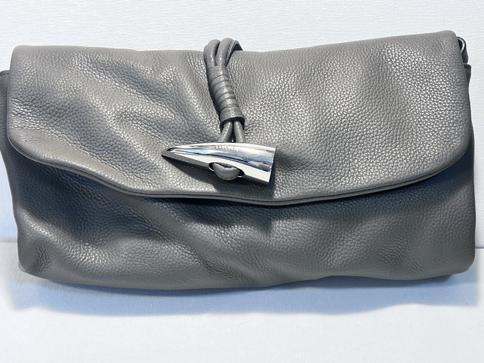 DKNY Gray Pebbled Leather Crossbody Clutch Bag Soft Cow Leather Silver Hardware