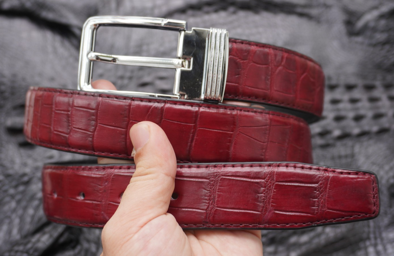 W 1.3 inch- Burgundy Genuine CROCODILE Belly LEATHER Skin Men’s Belt #Y26