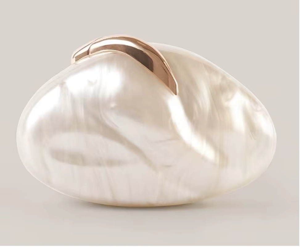Flower Oval Egg Shell Clutch Bag Acrylic Pearl Beige Frame Purse Women Wedding E