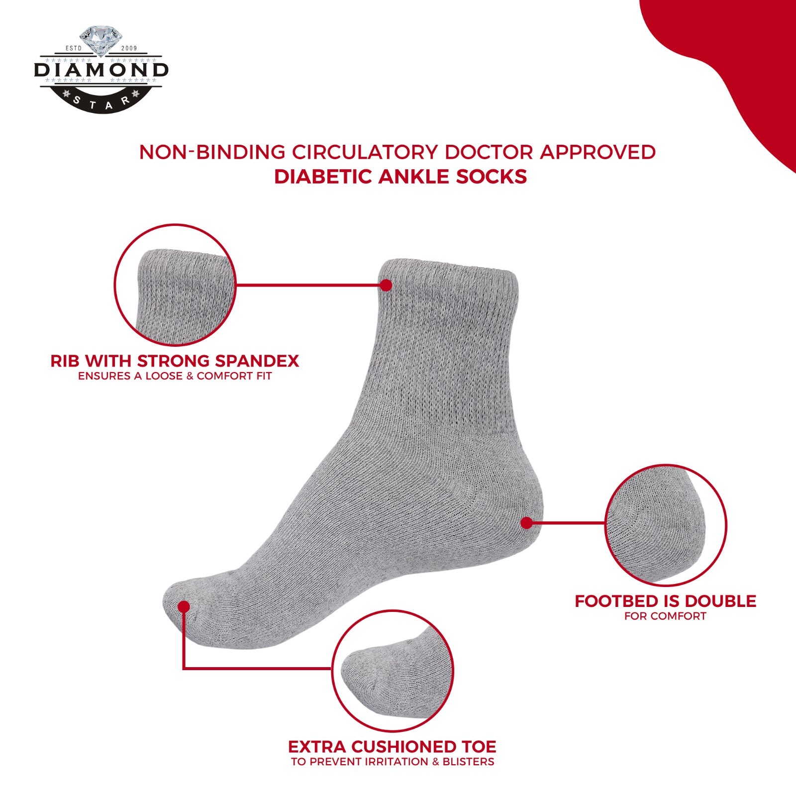 12 Pairs Men’s Grey Circulatory Health Diabetic Ankle Quarter Socks Size 13-15