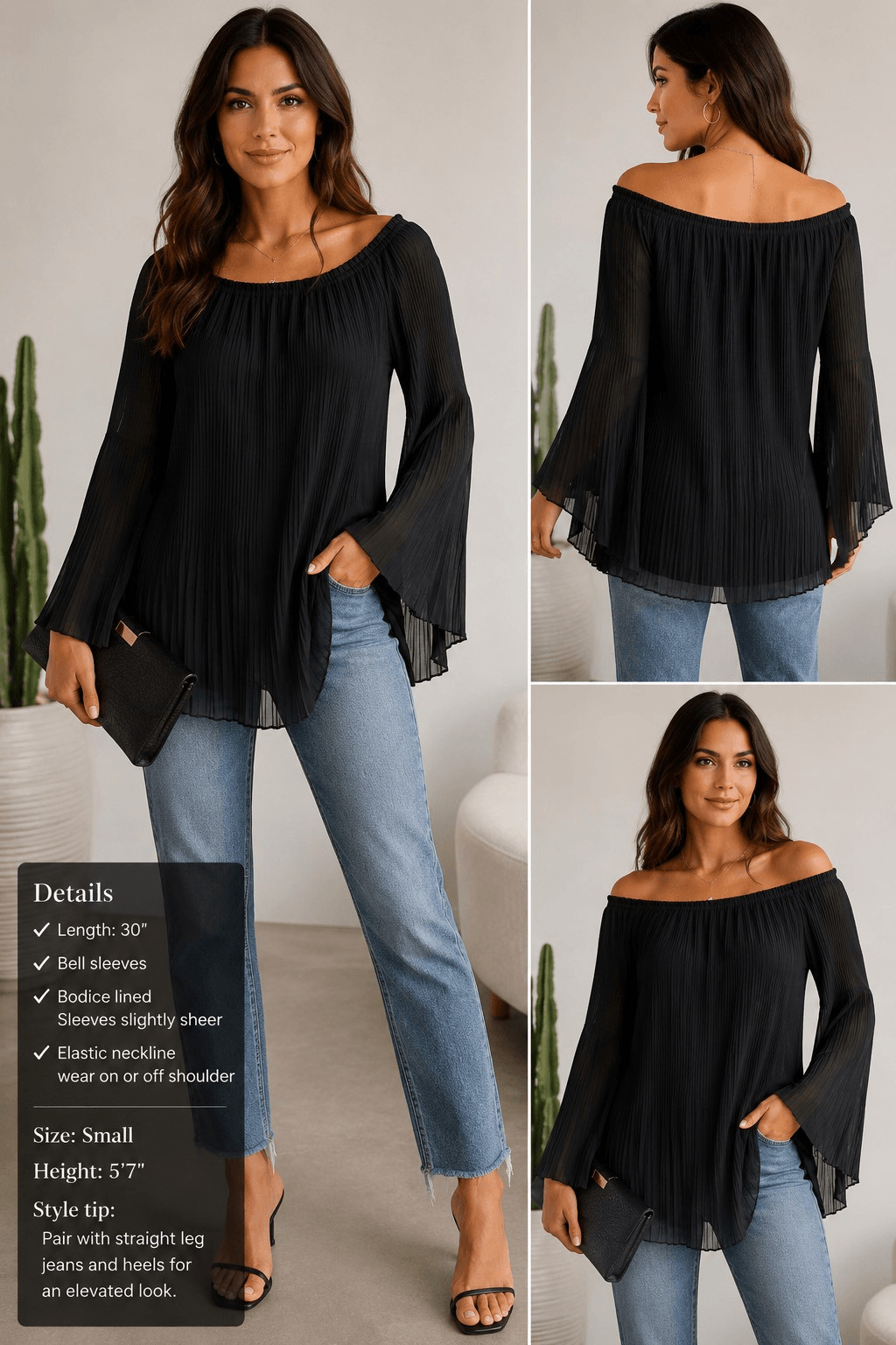 AGB Black Boho Goth Pleated Bell Sleeve Off Shoulder Tunic Blouse Top NWT L