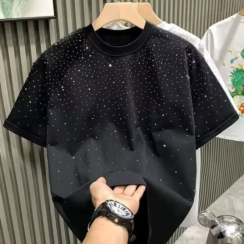 New Men Women Luxury Diamond Rhinestones Black White T-Shirt High Quality