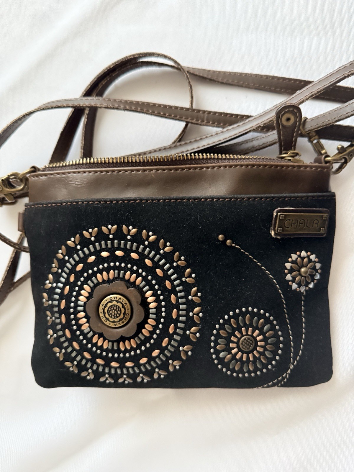 Chala Black & Brown Floral Medallion Crossbody Bag, embroidered