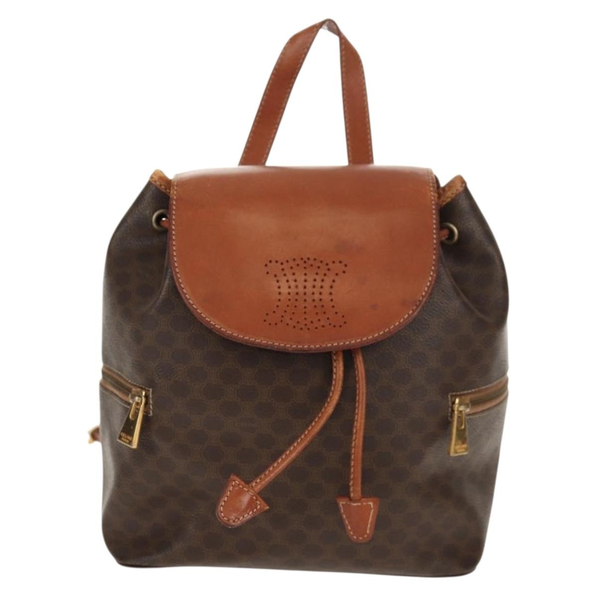 CELINE Macadam Canvas Backpack PVC Leather Brown Gold Auth 156449