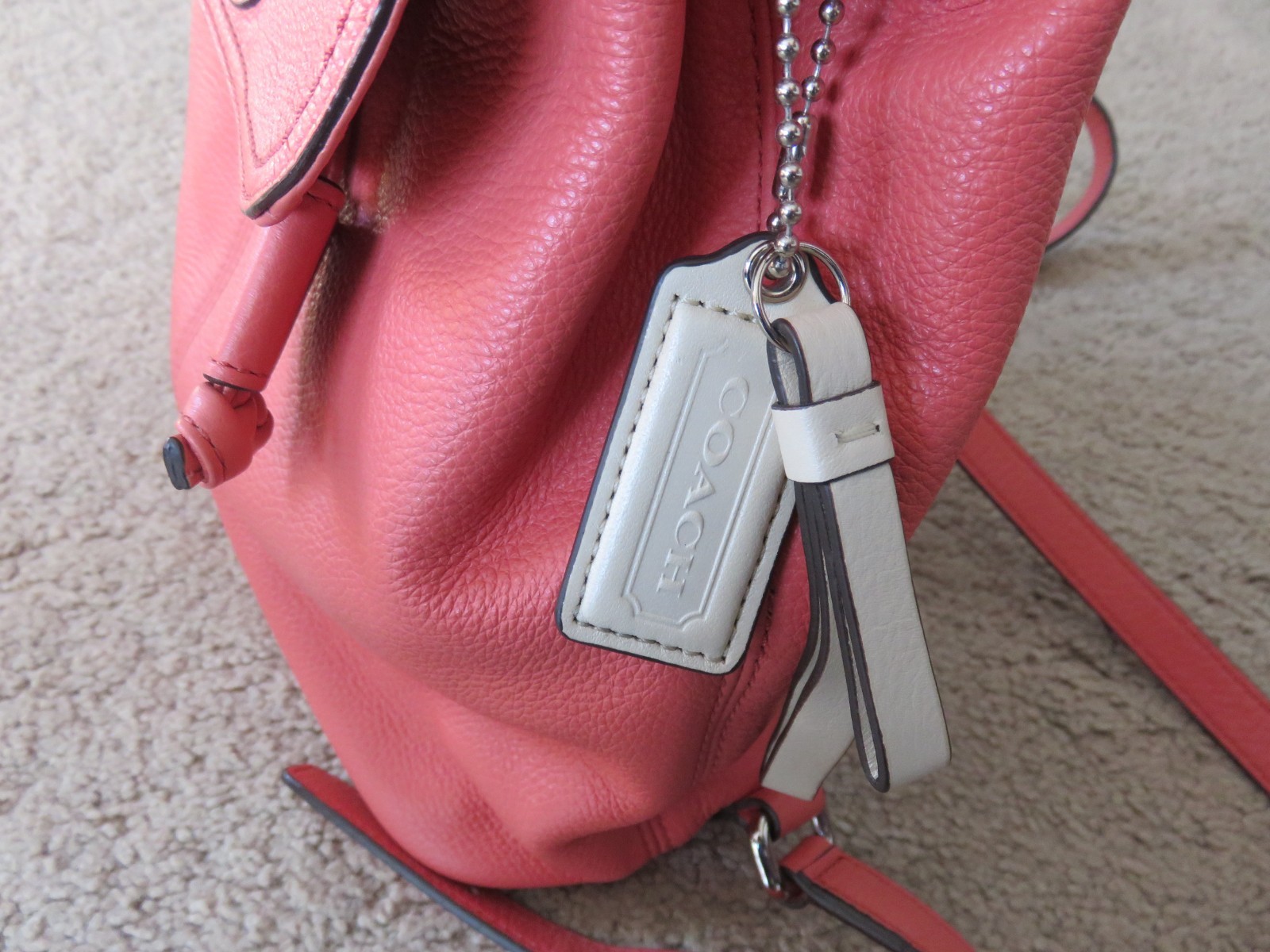 COACH Coral Red Leather Backpack With Turn Lock Drawstring Tags 24385