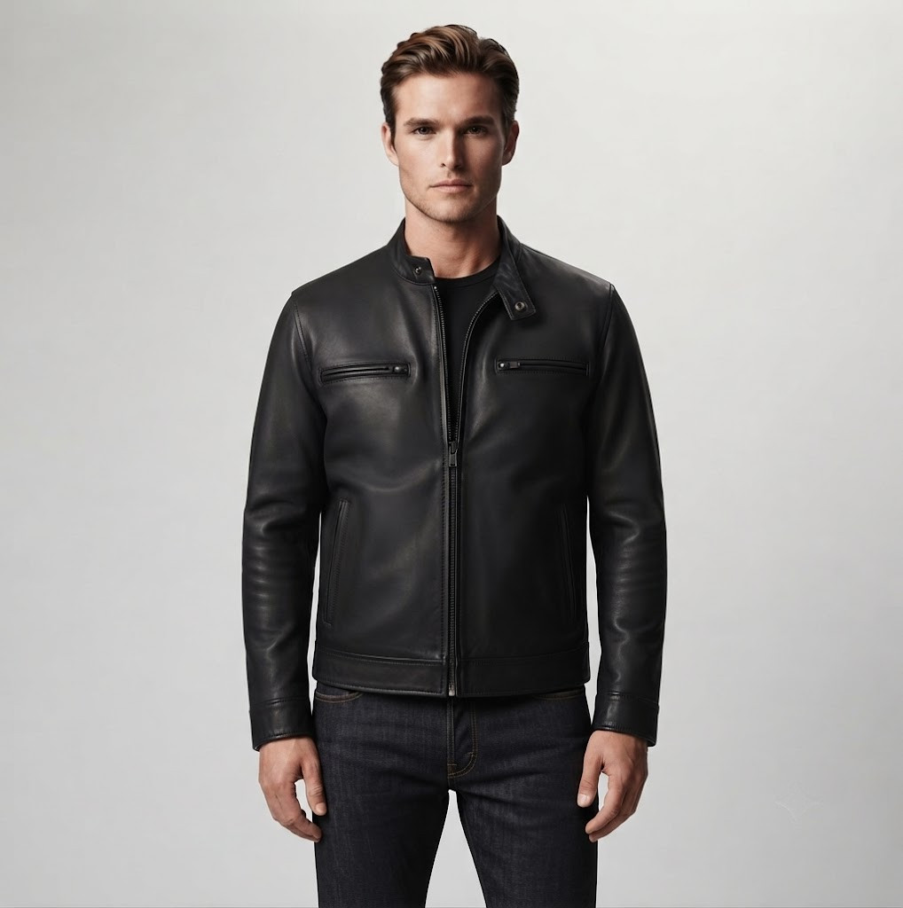 Men’s Black Leather Jacket Real or Faux Leather Cafe Racer Slim Fit Moto Style