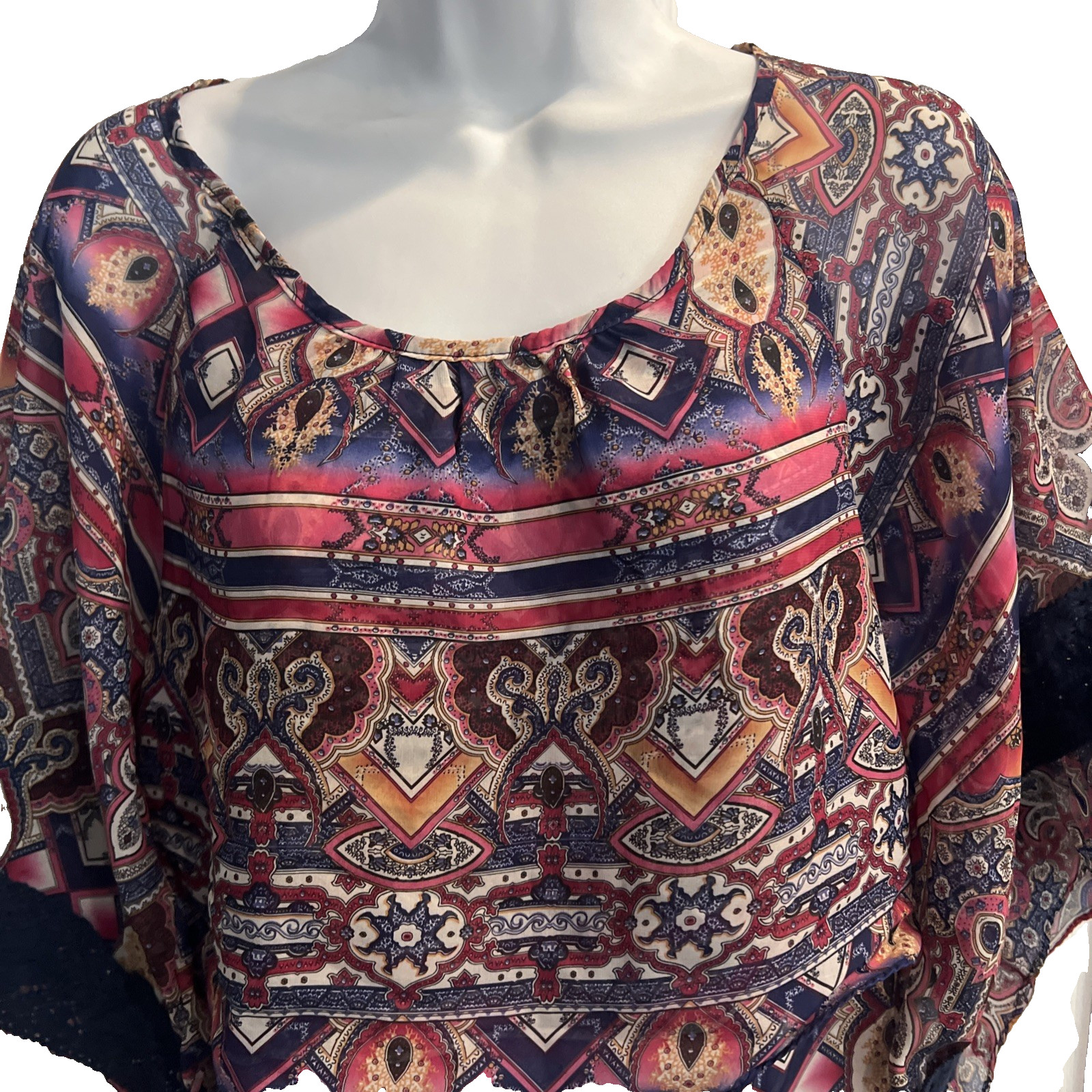 James Bryan Boho Paisley Print Kimono Top Size S Split Sleeve Blouse Lace Trim