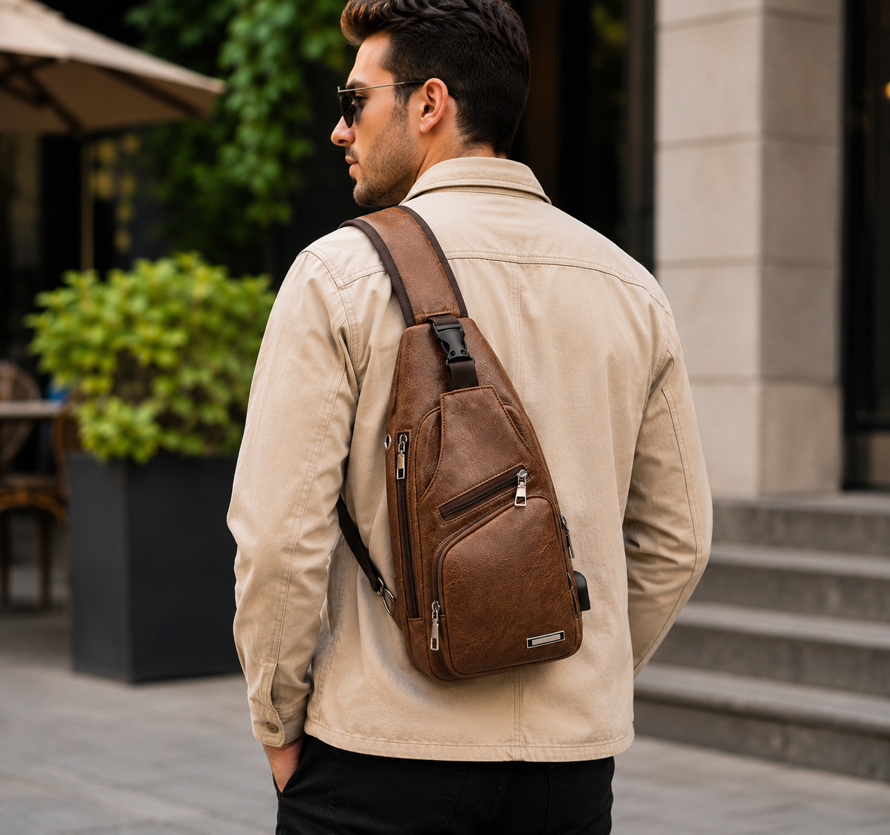 Men’s Crossbody Sling Backpack Chest Bag with USB Charger Port Lightweight Brown