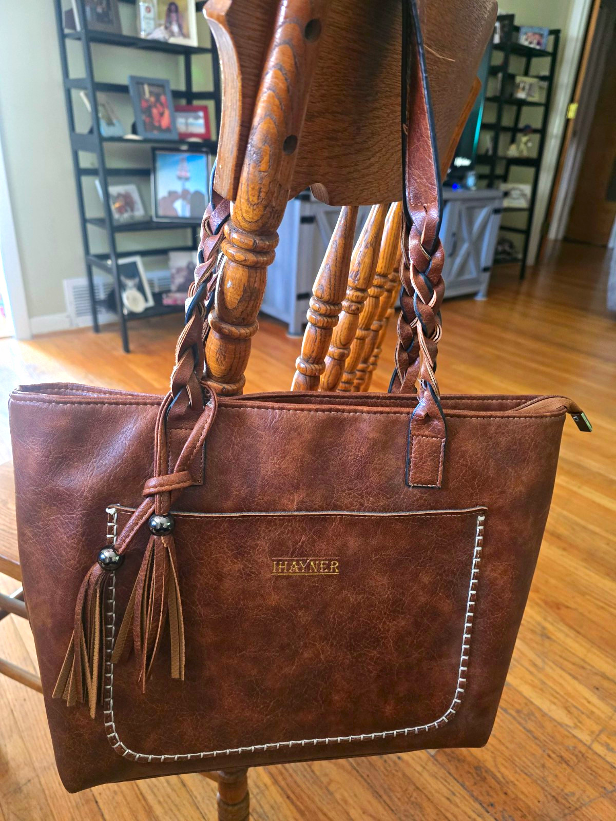 HAYNER Brown Tote Bag Braided Double Handles Tassel Zip Lined Inner Pockets