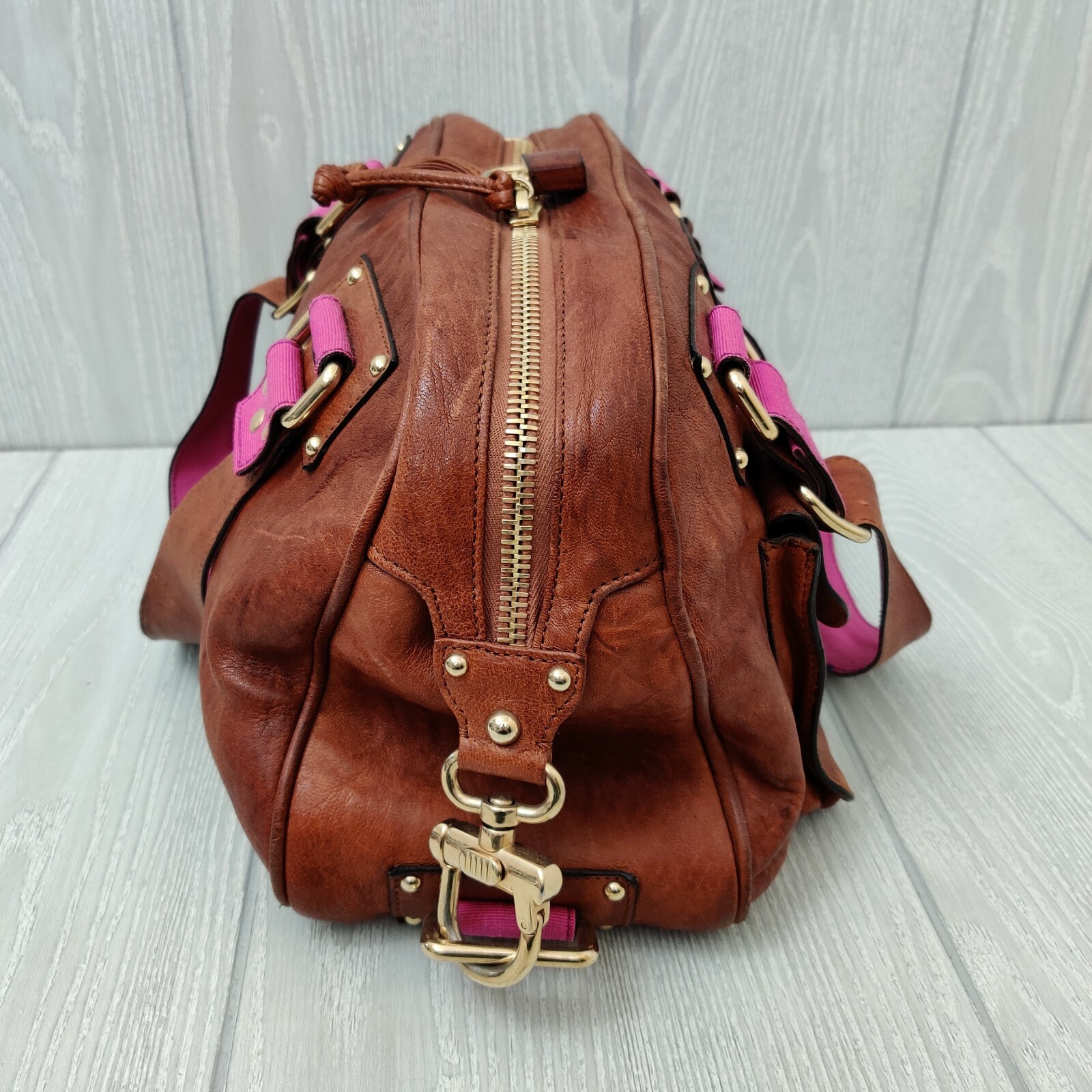 Alessandro Dell Acqua Leather Satchel in Cognac with Fuchsia Trim