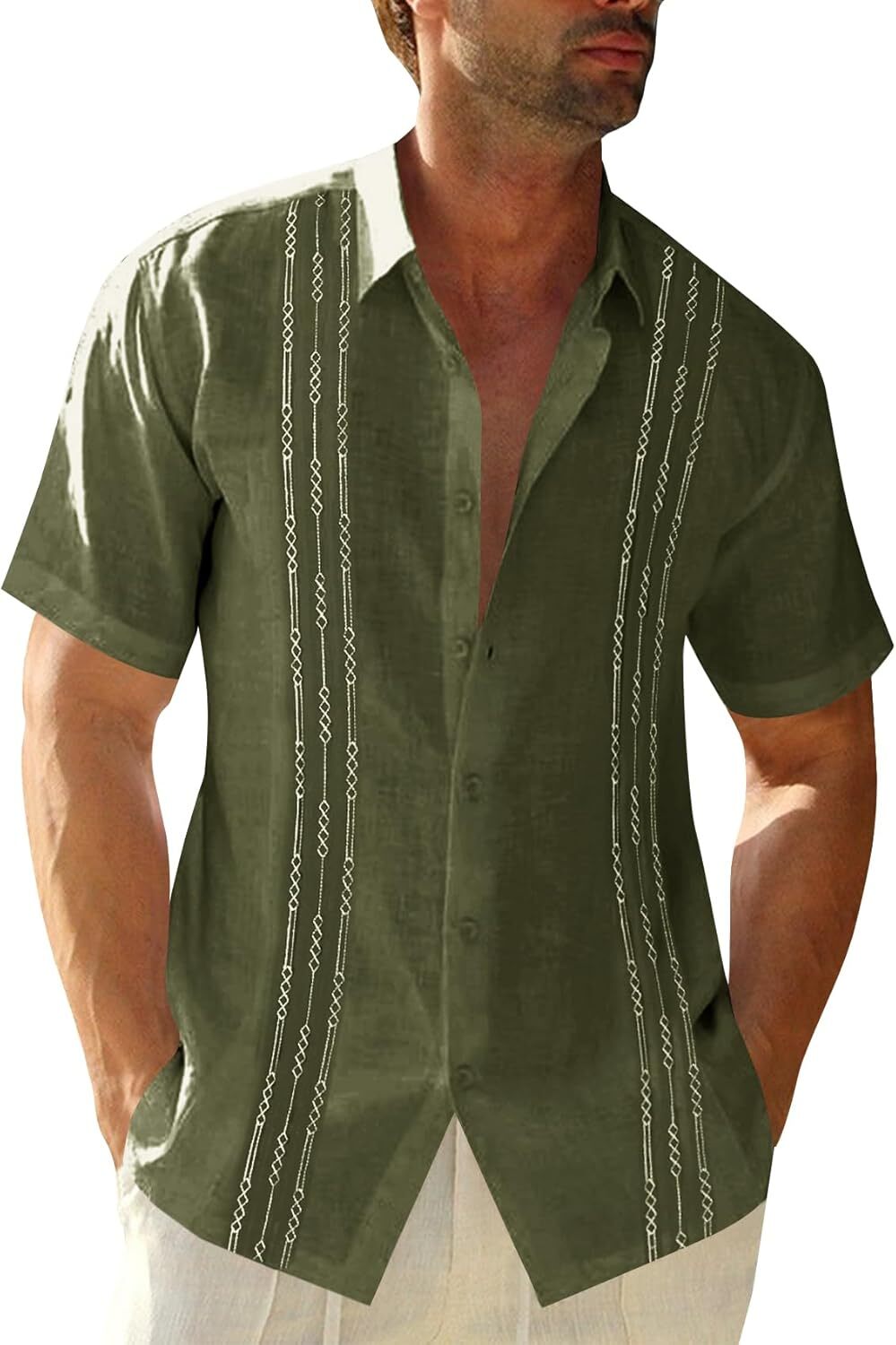 Men’s Casual Short Sleeve Guayabera Cuban Beach Wedding Button-Up Dress Shirt