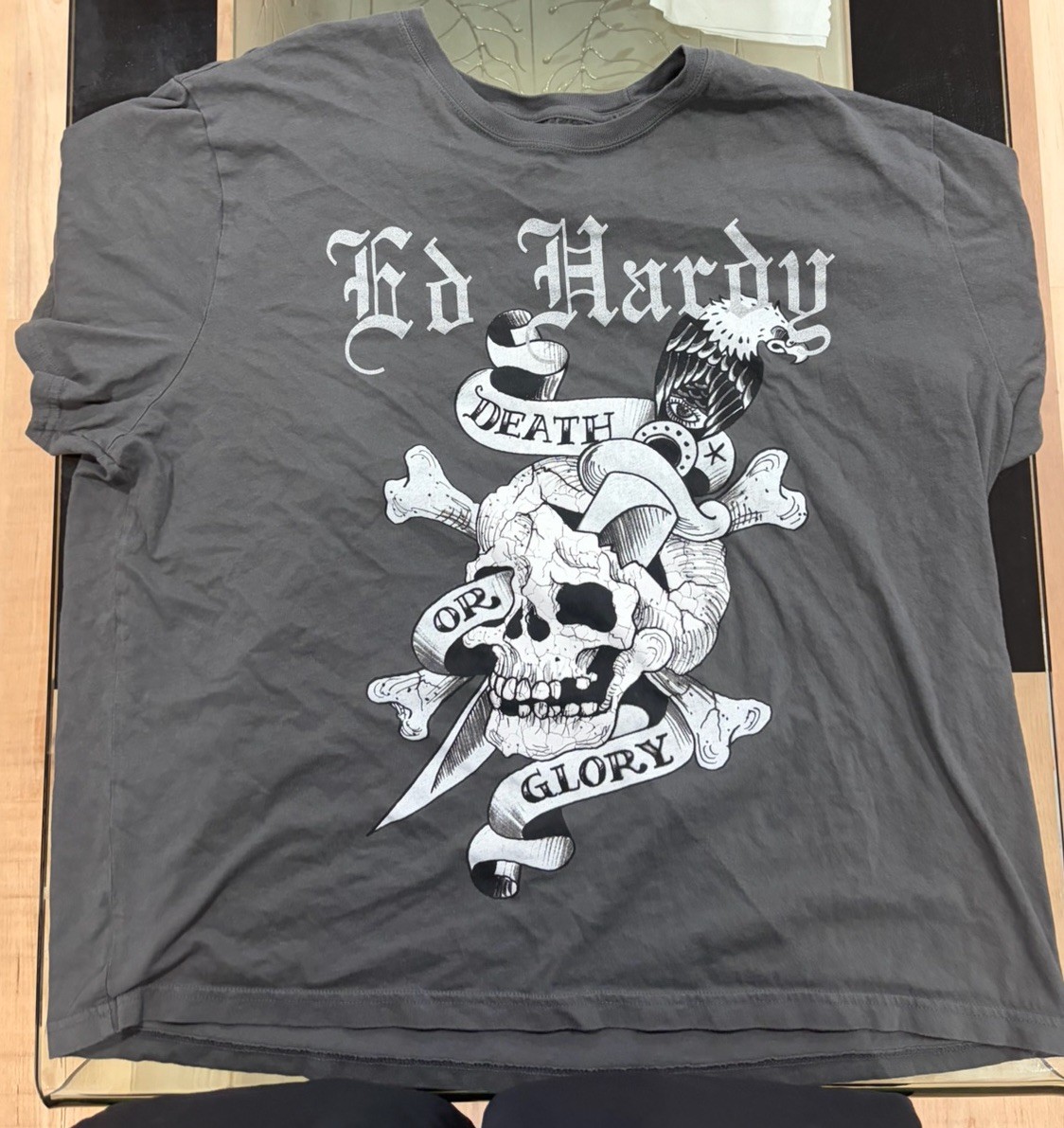 Ed Hardy Men’s Gray Double-Sided Skull Graphic Crew Neck Tee XXL fits XL