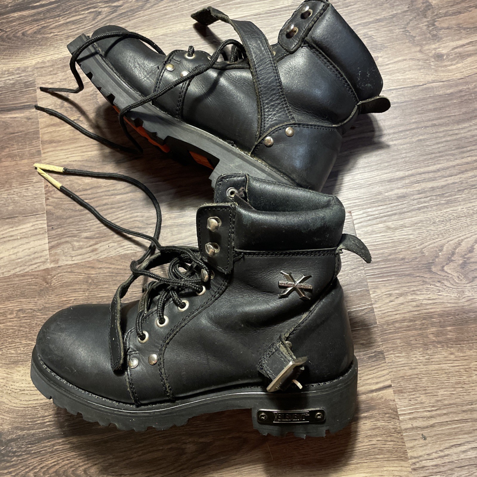 Element Motorcycle Boots Womens Size 9 Black Leather Logo Zip up Snap Lace Up
