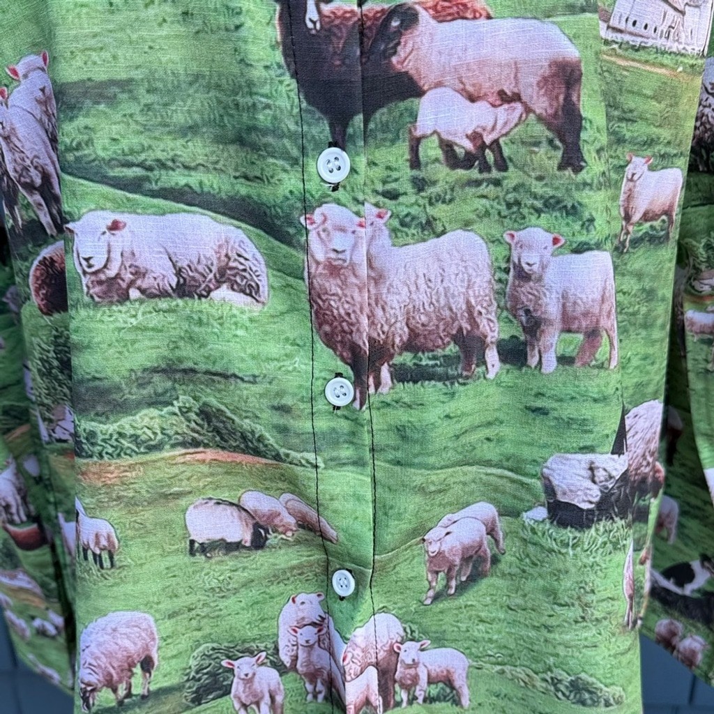 Source Unknown Green Sheep Print Women’s Button Down Shirt funky peplum
