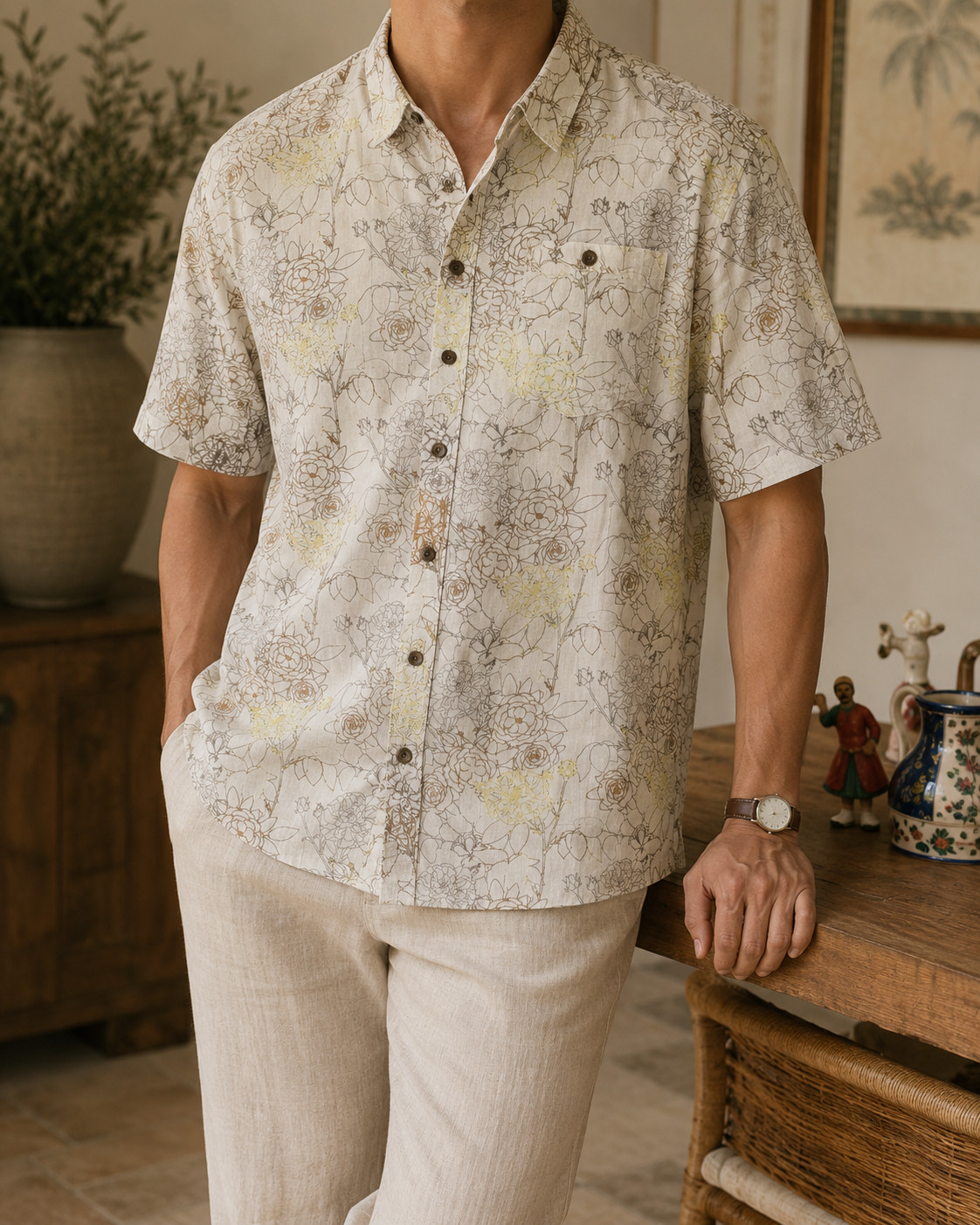 Vintage Sean John Linen Shirt Floral Casual Travel Beach Mens Button Down 2XL