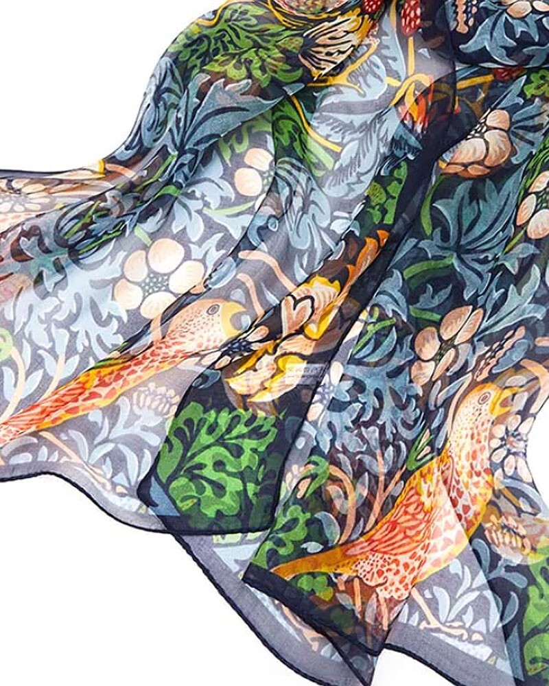 William Morris Strawberry Thief Silk Chiffon Scarf – Blue
