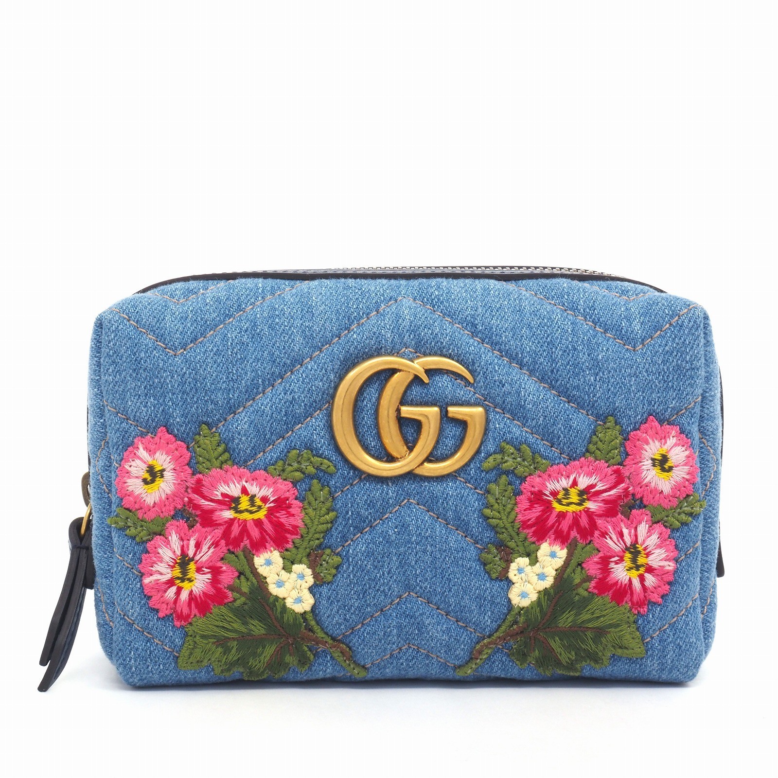 【Gucci】GG Marmont Denim Flower Embroidery 476165/520981 Rank A【Pouch】