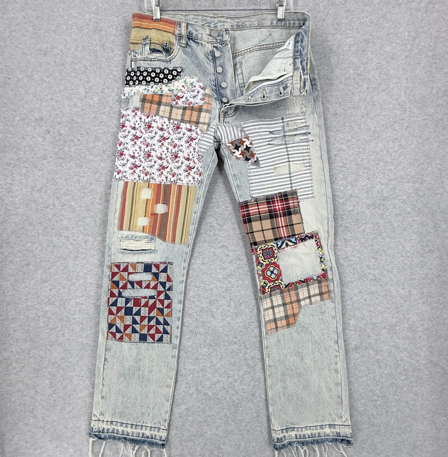 MNML V291 Jeans Patchwork Mens 30 Button Fly Y2K Denim Texture Pattern Pants