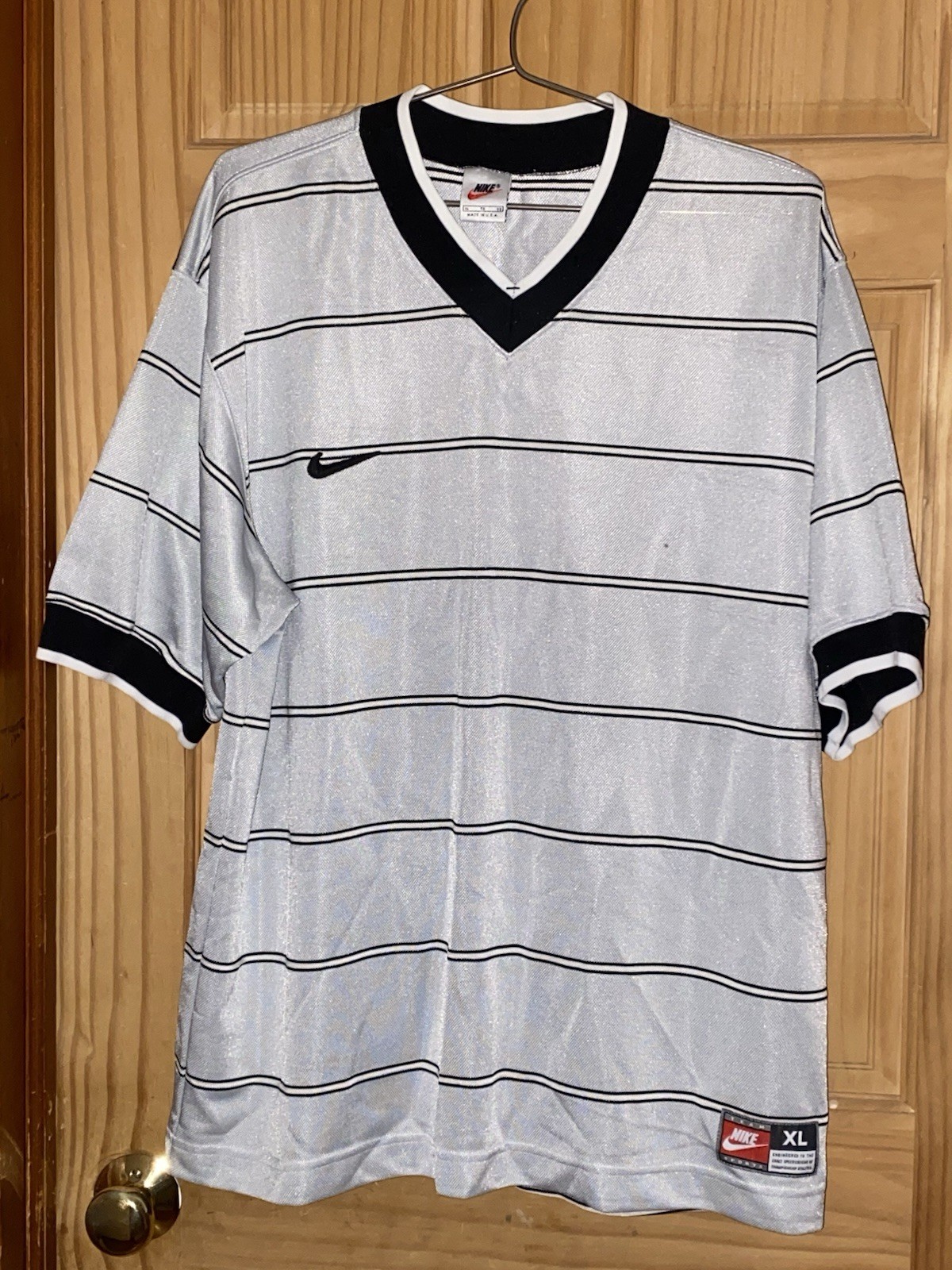 VTG 90’s Nike Jersey Shirt WhiteStriped Embroidered Logo Made In USA WhiteTag XL