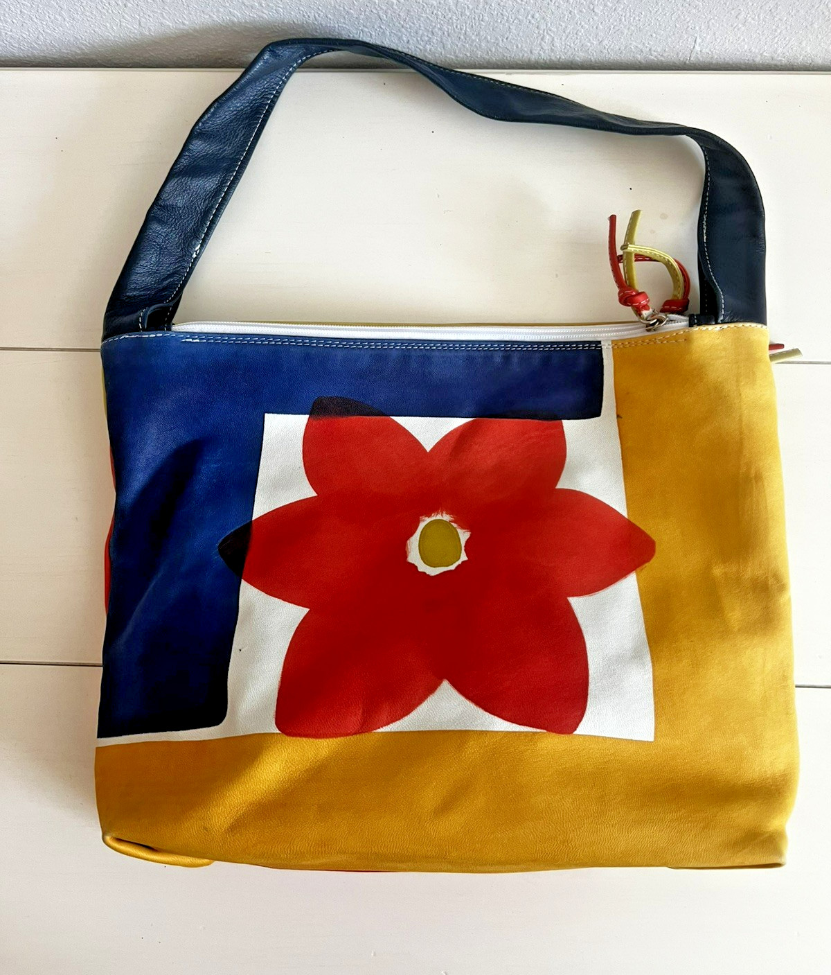 ASTORE Hand Painted Leather Bag Italy Colorblock Floral Shoulder Hobo Purse