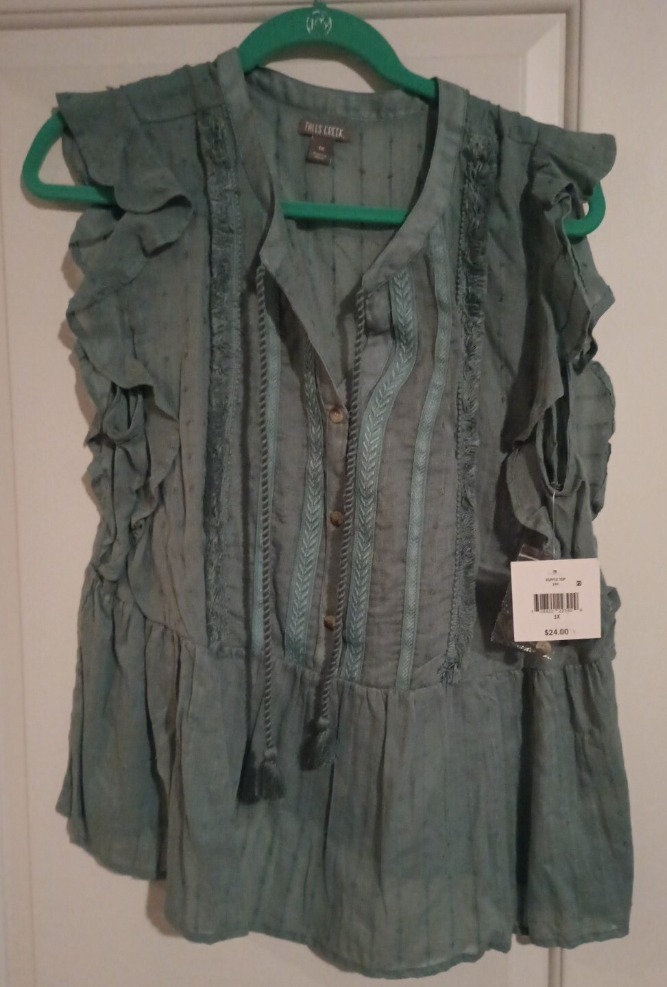 Falls Creek Sage Green Blouse NWT Size 1x Ruffle Top