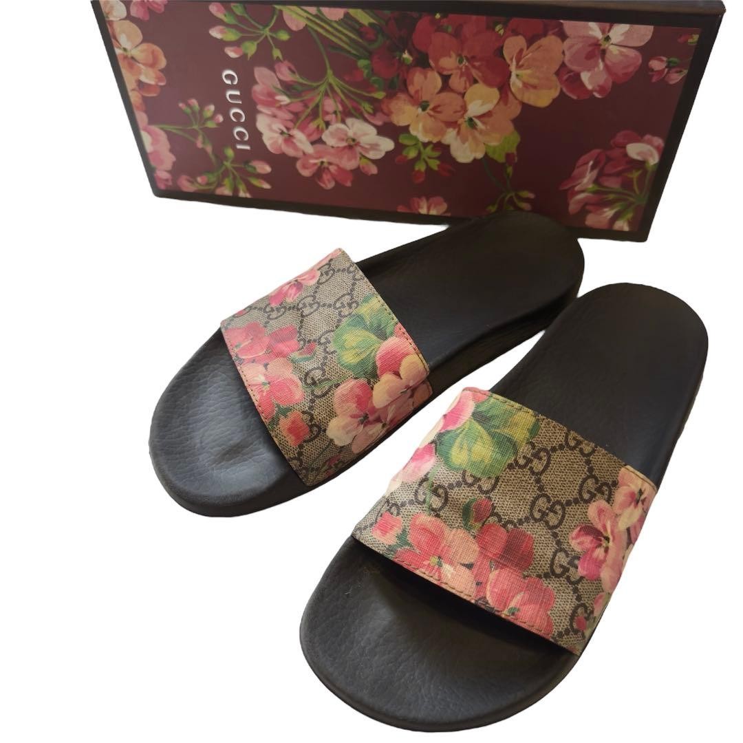 GUCCI GG Blooms Supreme Slide Sandals Black Pink Floral Women’s EU 39 US 9 Used