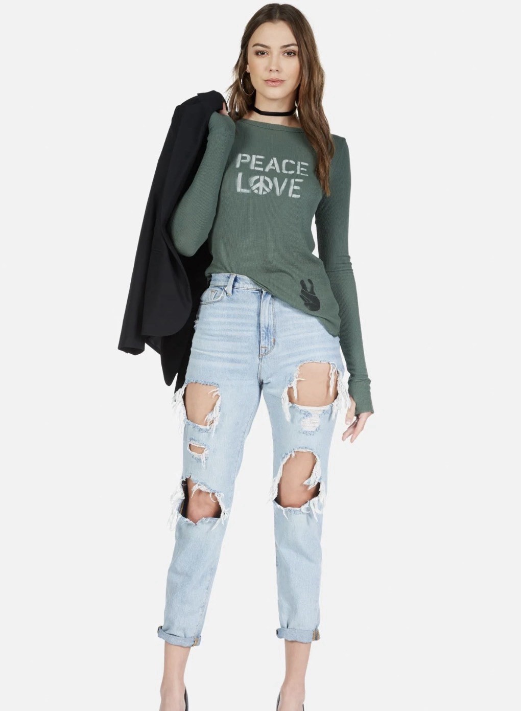 Lauren Moshi Olive Green MCKINLEY PEACE LOVE SPRAY Size L