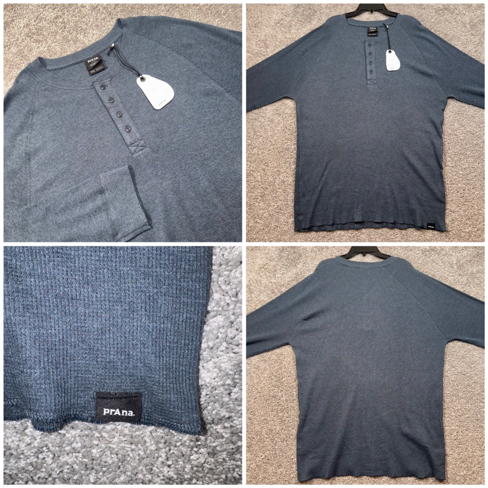 Prana Touchstone Henley Mens Waffle Knit Stretch Stormy Night Heather XXL NEW