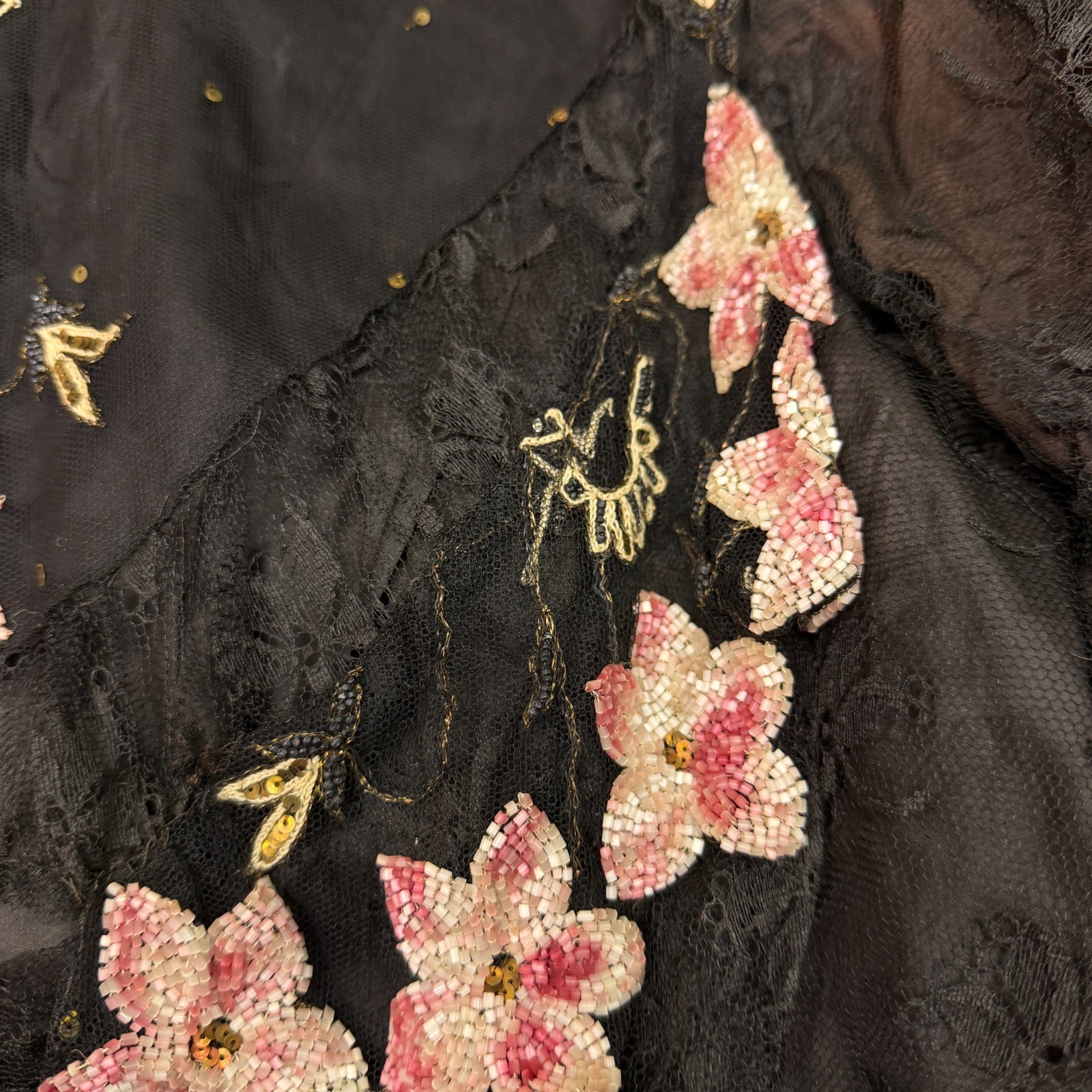 Antique Edwardian Jacket Black Pink Floral Beaded Silk Victorian Early 1900s