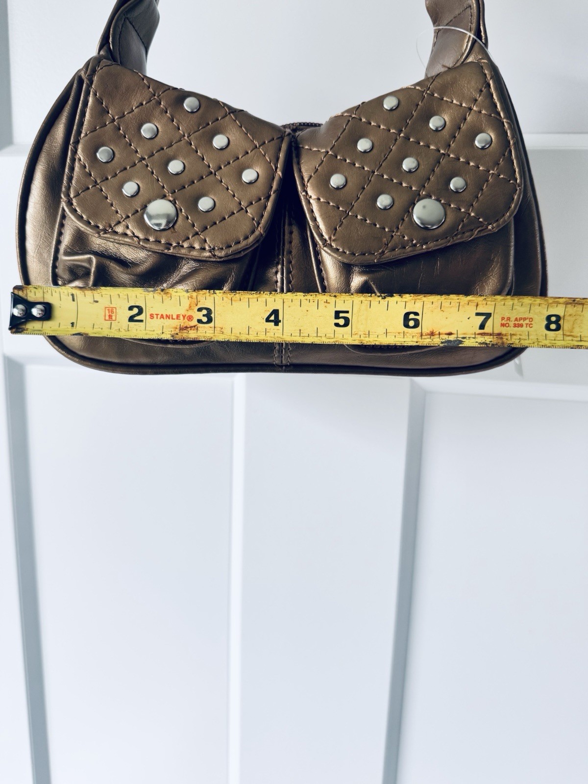 Bronze Metallic Studded Crescent Shoulder Bag Small Zip Closure Inner Pockets