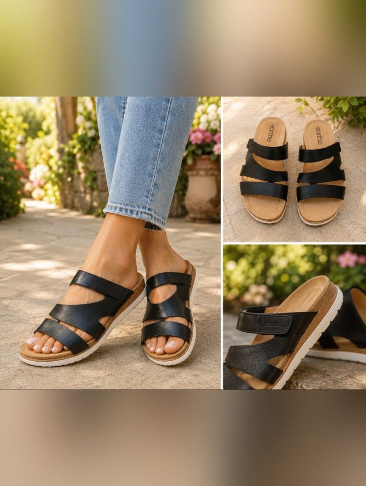 earth black leather comfort slide sandals women’s size 9w wide cushioned