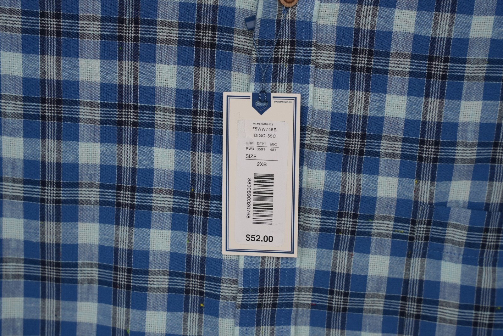 Dillard’s Rowm Men’s Short-Sleeve Shirt 2XB Big Man Blue White Plaid NWT