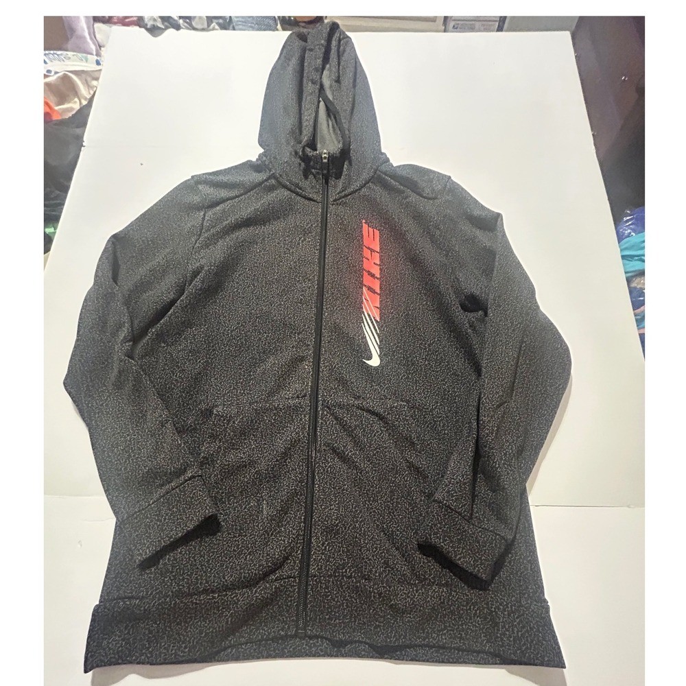Nike Dri-FIT Mens Full Zip Hoodie Black Grey Textured Print Orange Logo Size M