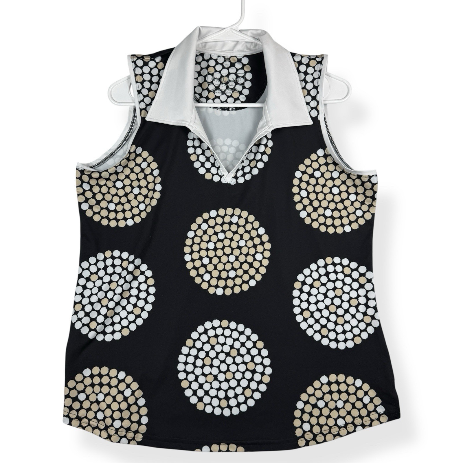 Ana Clare Active Top Womens L Large Sleeveless Black Beige White Collared V-Neck