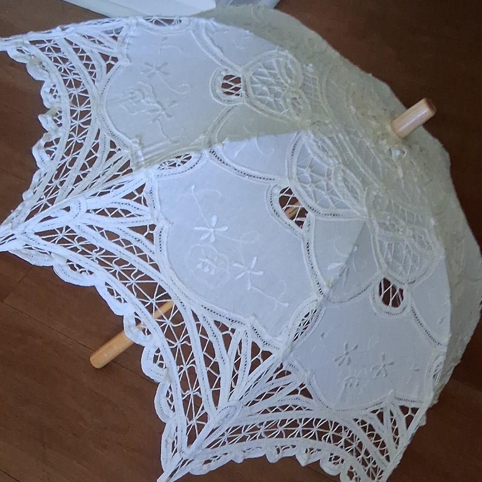 Ivory Floral Lace Parasol Umbrella for Women with Wooden Handle