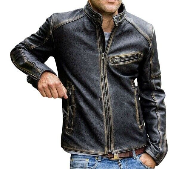 Men’s Motorcycle Biker Vintage Cafe Racer Distressed Black Real Leather Jacket