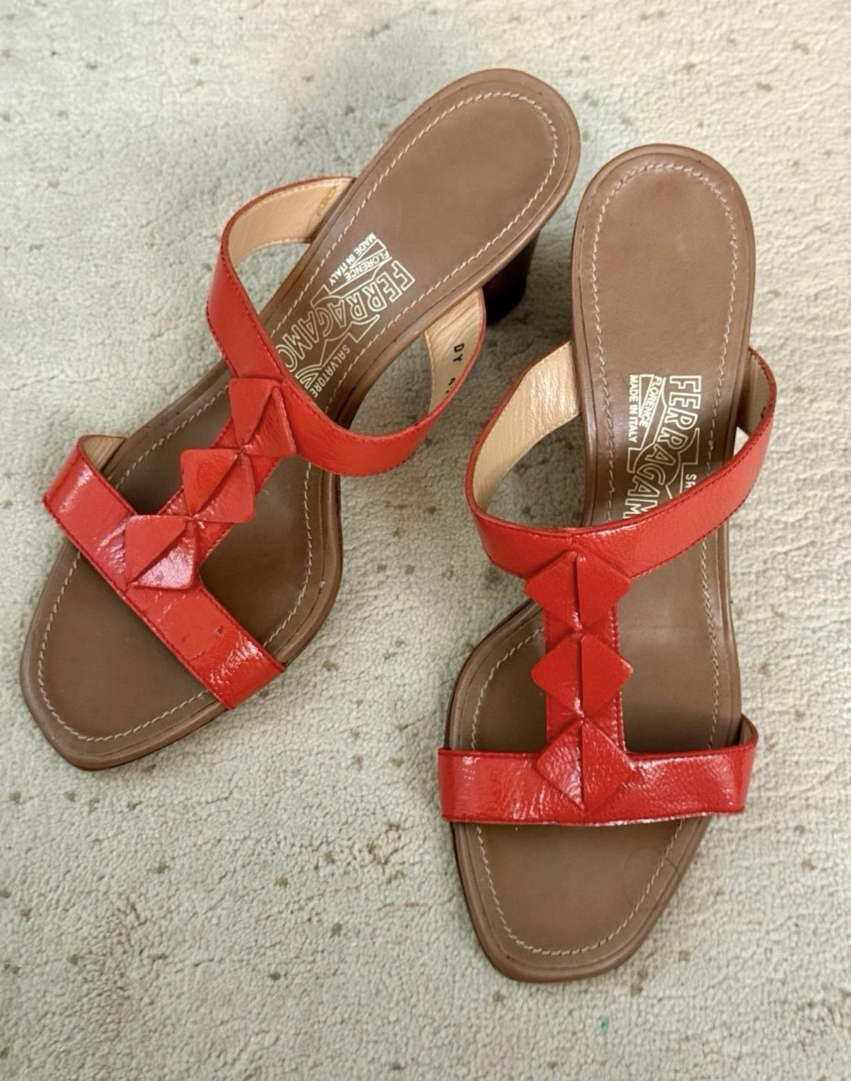 Ferragamo Orange Strappy Mules 2.8 Heel Women’s Shoes 8 2A Made In Italy Leather