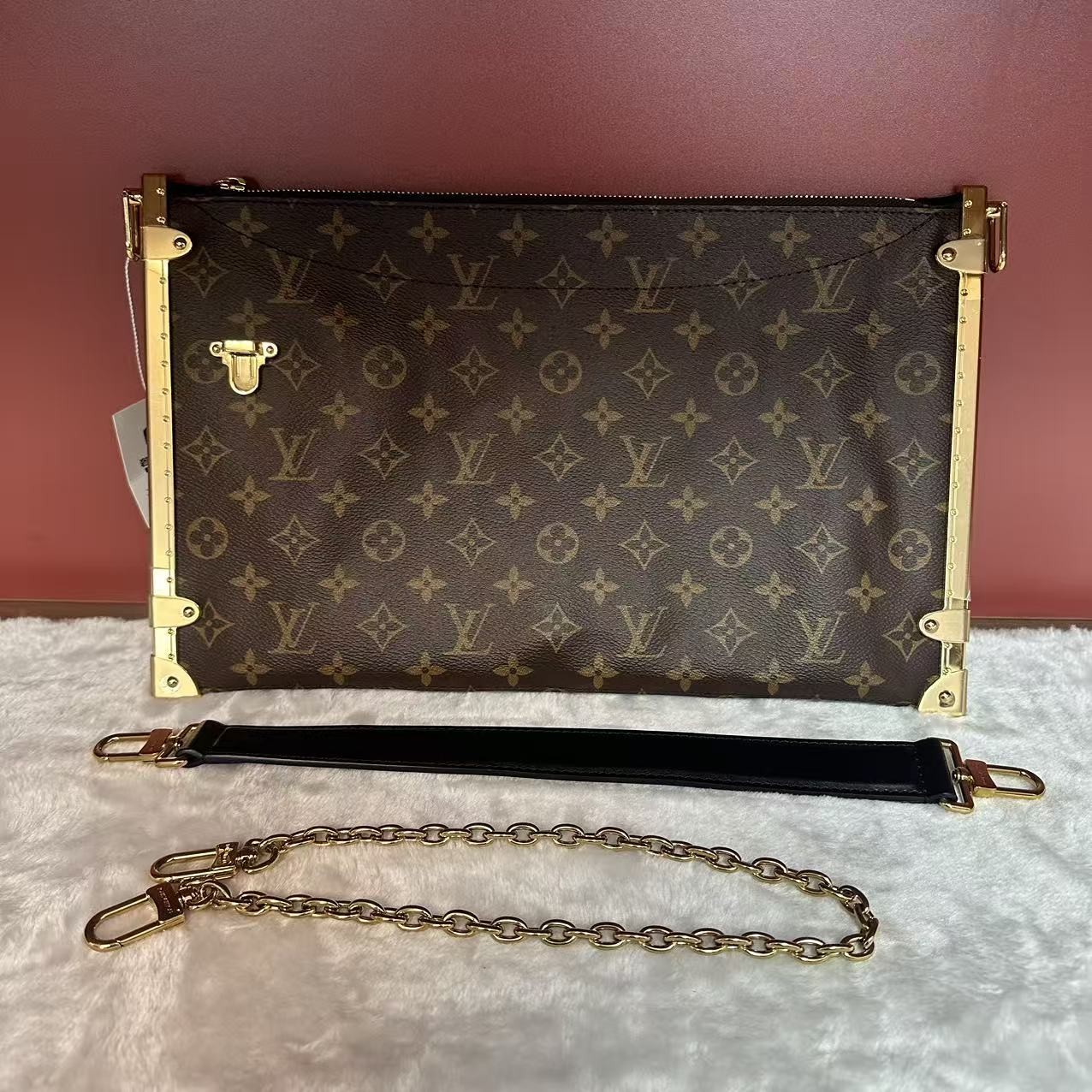 Auth Louis Vuitton Trunk Clutch Monogram Canvas Gold Hardware Crossbody Bag